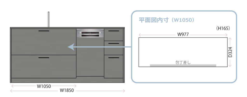 グラフテクトキッチンのシンク側の上段引き出しの収納内寸図