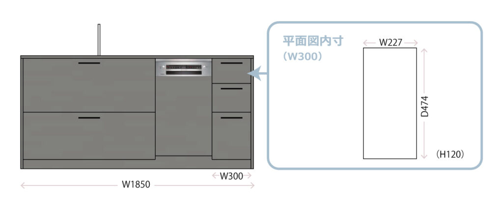 グラフテクトキッチンのシンク側の3段引き出し上段の収納内寸図