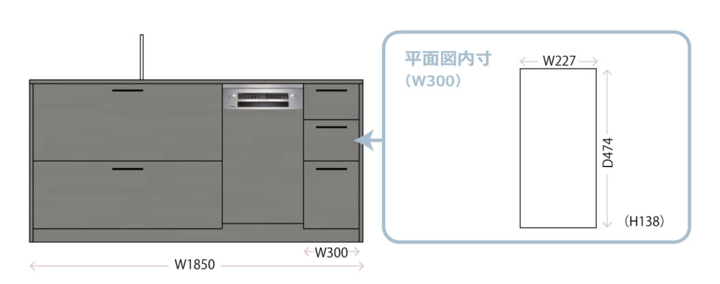グラフテクトキッチンのシンク側の3段引き出し中段の収納内寸図